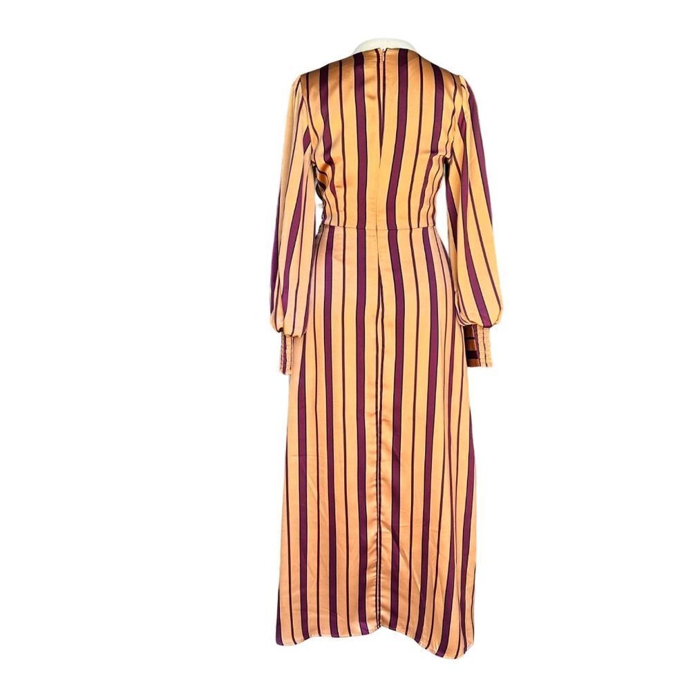 Skies are Blue Womens Maxi DressXS Camel Burgundy Stripe Puff Sleeve Side Slit - Picture 4 of 10